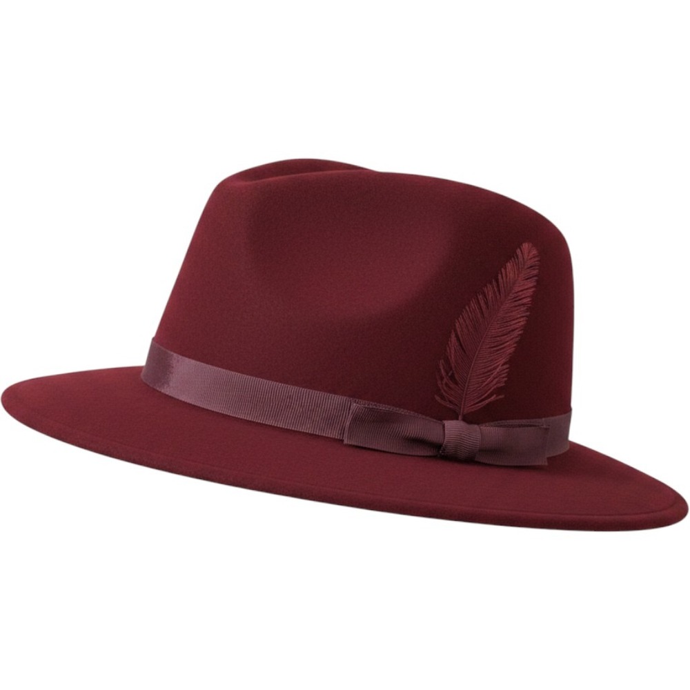 Vintage‎ Bollman Doeskin Felt Fedora Hat Burgundy Wool Feather Bow Made in USA